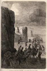 La carovana degli Hajis (pellegrini musulmani) a Korantaghi (Persia, Iran). Disegno di Emile Bayard per illustrare il viaggio in Asia Centrale, nel 1863, di Arminius Vambery (scienziato ungherese travestito da derviscio). Incisione in "Le tour du monde"