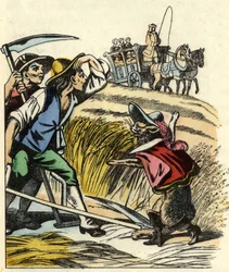 Il gatto costringe i contadini a dire che il campo in cui mietono il grano appartiene al Marchese di Carabas. Illustrazione della fiaba "Il gatto con gli stivali" di Charles Perrault