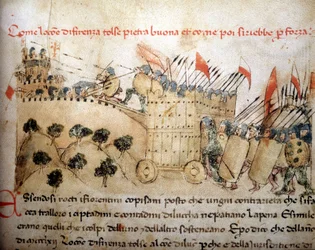 La città di Firenze conquistò Pietrabuona, che gli abitanti di Lucca occuparono in seguito - nelle «Croniche del Sercambi», intorno al 1400. Archivio di Stato, Lucca.