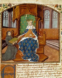 Il cronista Enguerrand de Monstrelet (1400-1453) dona il suo libro al re Carlo VII (1403-1467). Miniatura tratta da 