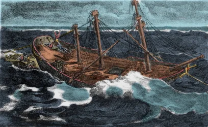 La costruzione della zattera della fregata "Meduse" fallita il 02/07/1816 sulla banca di Arguin, vicino alla costa della Mauritania. Incisione del XIX secolo