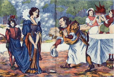 Il cuoco risponde alla principessa che sta preparando il banchetto di nozze di Riquet. Illustrazione anonima per 