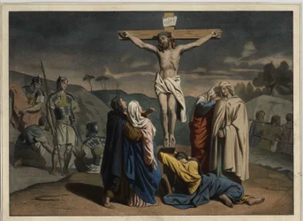 La crocifissione di Cristo. Iscrizione "INRI" sulla croce. Incisione anonima della metà del XIX secolo.