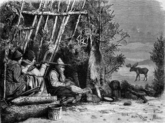 La vita quotidiana dei trappers (cacciatori professionisti) in Canada: due cacciatori di caribù. Incisione del XIX secolo