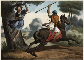 La morte di Assalonne. Dopo la sconfitta contro le truppe di suo padre, Assalonne rimase sospeso dai rami di un albero fuggendo dal campo di battaglia. Jaob pianta tre spie nel cuore del giovane. Incisione anonima della metà del XIX secolo.