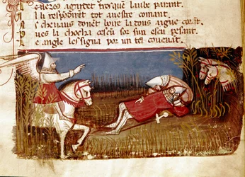 La morte del cavaliere Rolando, nipote di Carlo Magno, durante la Battaglia di Roncisvalle, 778. Miniatura tratta da 