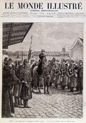 La partenza della Compagnia del 200º Reggimento. Saluto alla bandiera alla Gare de Lyon. "Il Mondo Illustrato". 23/03/1895. Disegno