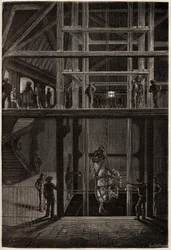 La discesa di un cavallo nelle miniere di Creusot, utilizzato nei tunnel sotterranei per il trasporto dei carrelli del carbone. Incisione per illustrare un viaggio a Creusot e alle miniere di Saone e Loire, nel 1865, di L. Simonin, in 