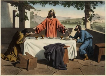 I discepoli di Emmaus incontrano il Cristo risorto la sera di Pasqua, che condivide il pane. Incisione anonima della metà del XIX secolo.
