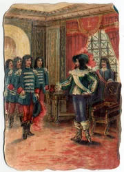 La discordia tra i tre moschettieri e la guardia del cardinale Giulio Mazzarino (Giulio Raimondo Mazzarino o Mazarino) (1602-1661). Cromolitografia del XIX secolo