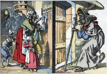 Il lupo travestito bussa alla porta della casa con la capra e i capretti. Illustrazione del racconto "Compere le Loup, Maitre Renard, Comere la Chevre et ses petits biquets" dopo una favola di Jean de la Fontaine. In "Racconti dalla casa per i piccoli".