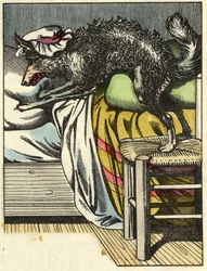 Il lupo travestito prende il posto della nonna nel letto. Illustrazione della fiaba "Cappuccetto Rosso" di Charles Perrault