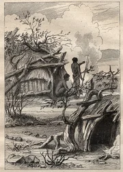 La spedizione intorno al mondo (1790-1792) del Capitano Etienne Marchand (1755-1793): capanne indigene della terra di Enddacht (Australia) - illustrazione tratta da "I grandi marinai del XVIII secolo"