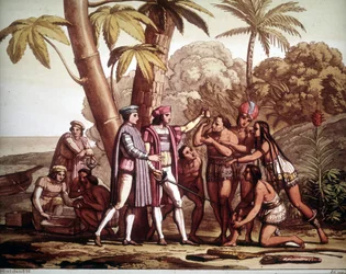 I primi indiani che apparvero a Cristoforo Colombo al suo arrivo in America, - in «Il costume antico e moderno» di Jules Ferrario