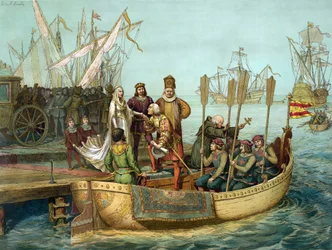 Il primo viaggio: Cristoforo Colombo saluta la regina Isabella di Castiglia al porto di Palos prima della partenza nel 1492. Incisione del XIX secolo