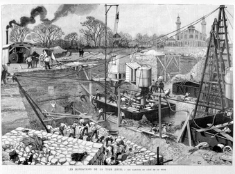 Le fondamenta della Torre Eiffel: i cassoni sul lato della Senna - in "Illustration" 14/05/1887
