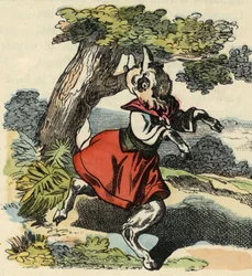 La capra, Piccola Chevy. Illustrazione del racconto "Bon medor e Piccola Chevrette". In "Racconti dalla casa per i piccoli". Incisione anonima del XIX secolo