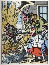 La capra uccide il lupo nel camino. Illustrazione della fiaba "Compere le Loup, Maitre Renard, Comere la Chevre et ses petits biquets" di Jean de la Fontaine. In "Fiabe della casa per i piccoli". Incisione anonima del XIX secolo