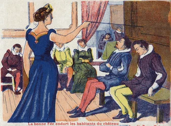 La buona fata addormenta gli abitanti del castello. Illustrazione anonima per "La bella addormentata nel bosco", racconto di Charles Perrault (1628-1703), scrittore francese. Immagini Marcel Vagne, Jarville Nancy, senza data (fine XIX secolo)