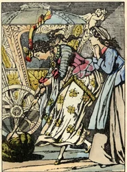 La buona fata trasforma la zucca in una carrozza davanti agli occhi di Cenerentola. Illustrazione del racconto di Charles Perrault "Cenerentola o La piccola scarpetta di vetro"