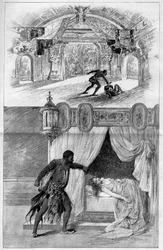 Il teatro illustre: Otello, opera di Giuseppe Verdi (1813-1901), compositore italiano, rappresentata al Teatro alla Scala di Milano il 12 febbraio. Incisione in "Le monde illustre"