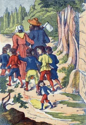 Il piccolo Pollicino semina sassi lungo il suo cammino. Illustrazione per 