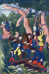 I boscaioli abbandonano i loro figli. Illustrazione per "Pollicino", racconto di Charles Perrault (1628-1703), scrittore francese. Illustrazione anonima. Immagini Marcel Vagne, Jarville Nancy, senza data (fine XIX secolo)