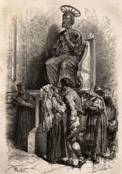 Il piede inferiore della statua di bronzo di San Pietro, oggetto di venerazione per i pellegrini cattolici che entrano nella Basilica di San Pietro in Vaticano. Incisione per illustrare la storia di Ludovic Celler: la settimana santa a Roma, nel 1863, in "