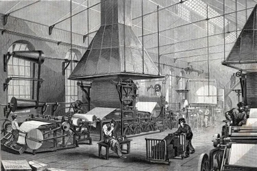 La sala macchine di una cartiera. Incisione
