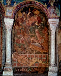 Il martirio di San Lorenzo (210/220-258) morto sulla griglia, affresco di Berzé la Ville. 11° secolo. Cappella dei Monaci, Berzé la Ville