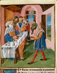 Il pasto del re di Sicilia, Agatocle. Miniatura dal «Libro dei buoni costumi» di Jacques Legrand (1360-1415/1418), dedicato a Giovanni, duca di Berry