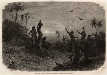 Il ballo al chiaro di luna, che chiude la cerimonia del 18° anniversario e il matrimonio di un giovane indiano di Rio Verde (Brasile). Incisione per illustrare il viaggio nella Nuova Granada, del Dr. Saffray, nel 1869, pubblicato in "Le tour du monde" 1873