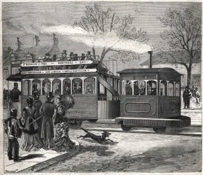 I nuovi tram a vapore a Parigi nel 1876 sulla linea di Saint-Germain-des-Prés alla porta di Chatillon, incisione. Collezione Bianchetti