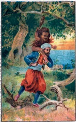 Il vecchio del mare. Le meravigliose avventure di Sinbad il marinaio. Racconto popolare delle Mille e una notte. Cromolitografia della fine del XIX secolo