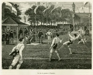 Il gioco del palmo a Franeker (Paesi Bassi). Incisione per illustrare la storia La Frisia, basata su un rapporto di un giornale olandese, in Le Tour du monde 1886, diretto da Edouard Charton (1807-1890), Hachette, Parigi.