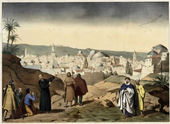 I pellegrini arrivano alla città di Gerusalemme. Incisione anonima della metà del XIX secolo - in 