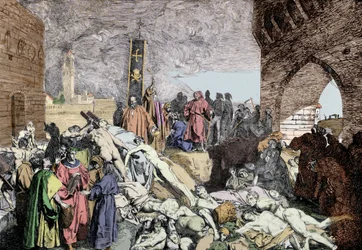 La peste del 1348 a Firenze (Italia). In basso a sinistra, con una corona di alloro, Petrarca, poeta e umanista italiano del Rinascimento, parla con altre persone