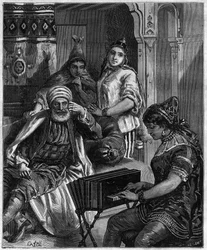 La popolazione della Tunisia nel XIX secolo - Sabato sera in una famiglia ebraica a Tunisi - incisione di Castelli in "Journal des voyages" 1884