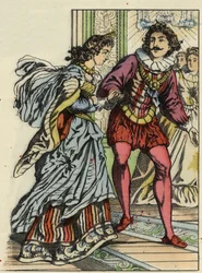 Il principe invita Cenerentola a ballare. Illustrazione del racconto di Charles Perrault "Cenerentola o La piccola scarpetta di vetro"