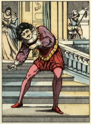 Il principe raccoglie la scarpetta di vetro di Cenerentola. Illustrazione del racconto di Charles Perrault "Cenerentola o La piccola scarpetta di vetro"