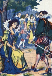 La stupidità della principessa allontana i cortigiani. Illustrazione anonima per "Riquet con il ciuffo", racconto di Charles Perrault (1628-1703), scrittore francese. Immagini di Marcel Vagne, Jarville Nancy, non datato (fine XIX secolo)