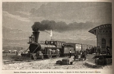 La ferrovia ha la stazione di Omaha (Nebraska), punto di partenza delle linee che portano al Pacifico. Incisione per illustrare il viaggio nel Far West americano, di M. L. Simonin, nel 1867, pubblicato in "Le tour du monde, nouveau journal des voyages"