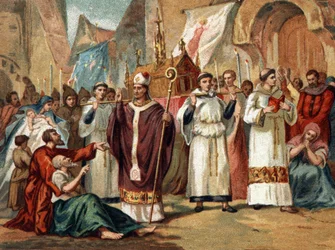 Le reliquie di Santa Genoveffa (422-502), patrona di Parigi, sono trasportate per le strade di Parigi. Cromolitografia intorno al 1890