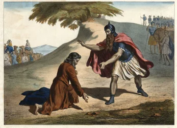 Il ritorno di Giacobbe e il suo incontro con Esaù - Giacobbe ritorna nella terra di Canaan con le sue mogli e i suoi figli: incontra suo fratello Esaù. Incisione della metà del XIX secolo