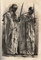 Le cicatrici, musulmani in processione durante la festa commemorativa del martirio di Hossein, si colpiscono la testa con una spada, ciascuno coperto da un lenzuolo bianco per raccogliere il sangue che scorre dalle loro ferite. Incisione per illustrare il 