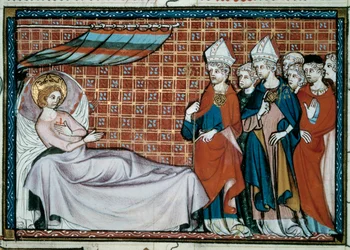 Il re malato di Francia San Luigi (Luigi IX) (1214-1270) si rivolge ai suoi parenti e al clero. Miniatura da un manoscritto "Vita e miracoli di San Luigi" di William of Saint Pathus