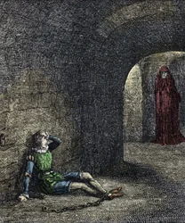 Lo spettro della torre. Il prigioniero incatenato in una prigione vede un fantasma davanti a sé. Illustrazione per 