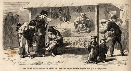 Il negozio di un venditore di scarpe di paglia, con diversi clienti, una donna che prova un paio con le sue amiche e un padre che si prende cura del suo bambino. Incisione per illustrare il viaggio in Giappone, nel 1863-1864, di Aimé Humbert, ministro dell