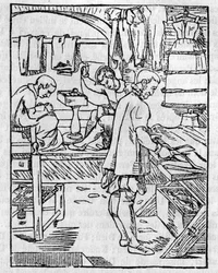 La bottega del sarto nel XVI secolo, il taglio dei tessuti - In "Il negozio pittoresco" 1836