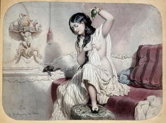 La toilette. Una donna in un bagno vicino alla sua vasca da bagno